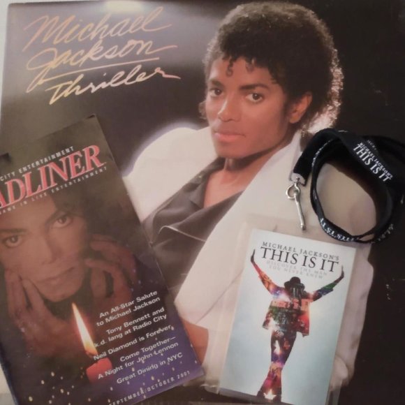 MICHAEL JACKSON Lot Thriller LP & 30th Anniv. MSG Concert & 2009 Badge - Picture 1 of 16